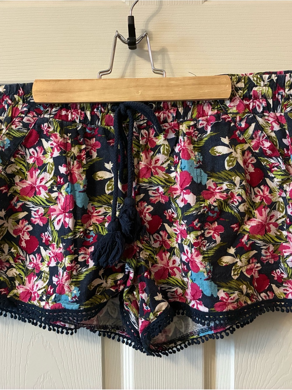 Rewind Navy Floral Drawstring Shorts with Hot Pink & Teal Accents